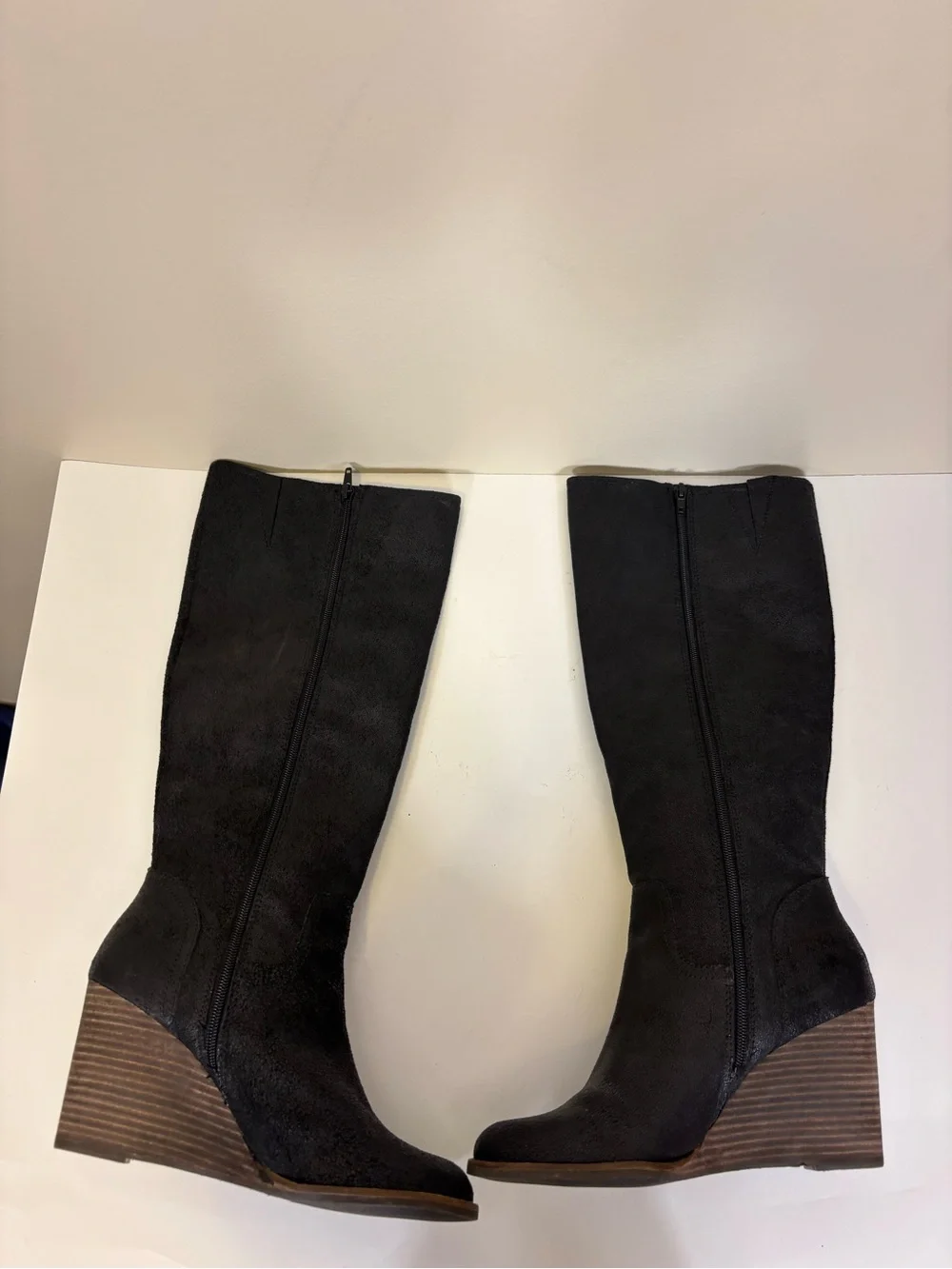 Lucky Brand Black Suede Shimmer Wedge Knee High Tall Boots 9.5